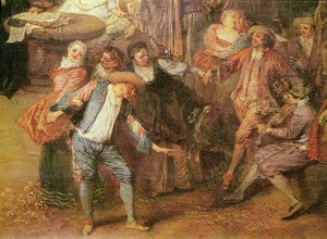 O acordo pré-nupcial e o detalhe da Bola Rústica dos dançarinos à direita, c. 1712-13 óleo sobre tela